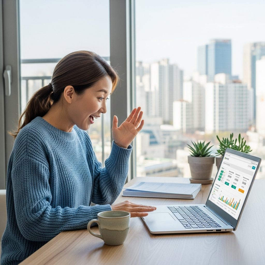 a Korean mom sitting at her desk, looking surprised and happy while checking her insurance information on a laptop, Seoul context