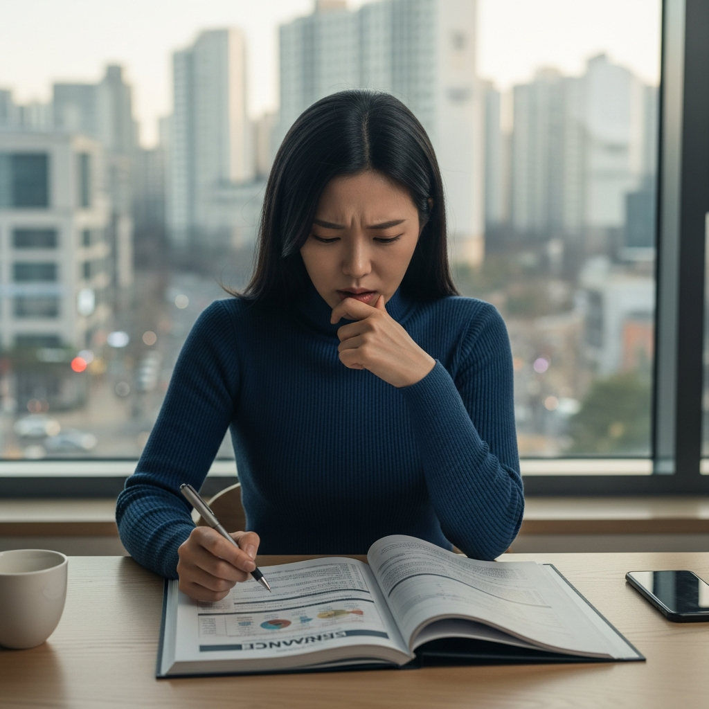 a Korean woman looking at a complex insurance document with a worried expression, Seoul context