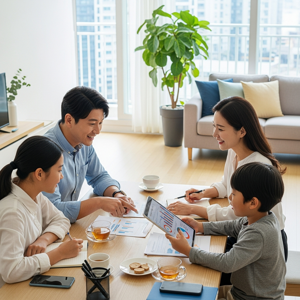 a Korean family happily discussing their finances and insurance options at home, modern Korean interior