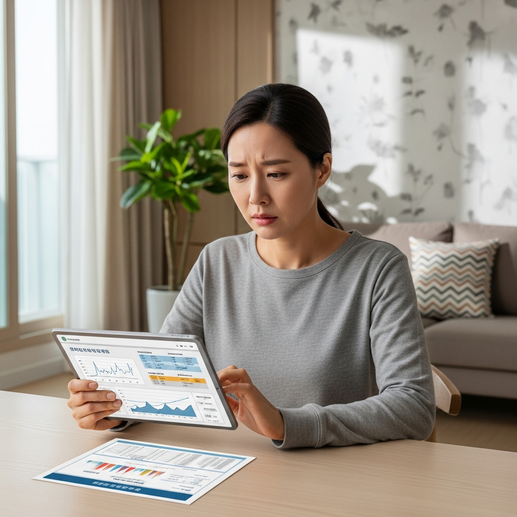 a Korean mother looking at her child's health chart on a tablet with a worried expression, Korean style interior