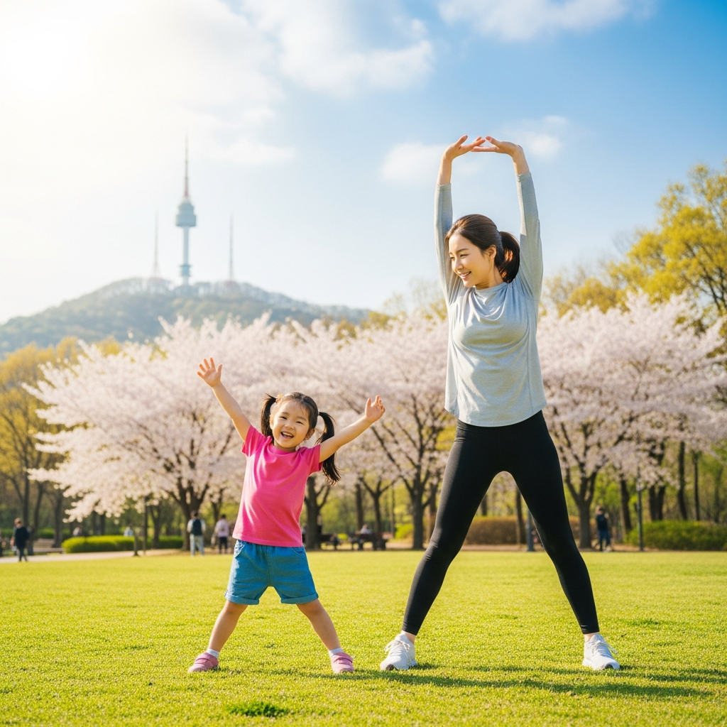a Korean mother and child happily exercising together in a park, Seoul context, bright sunlight