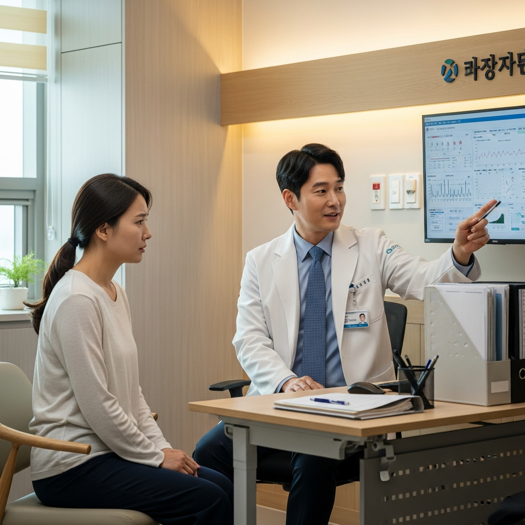 a Korean doctor explaining a health chart to a worried Korean mother in a hospital, Korean style interior