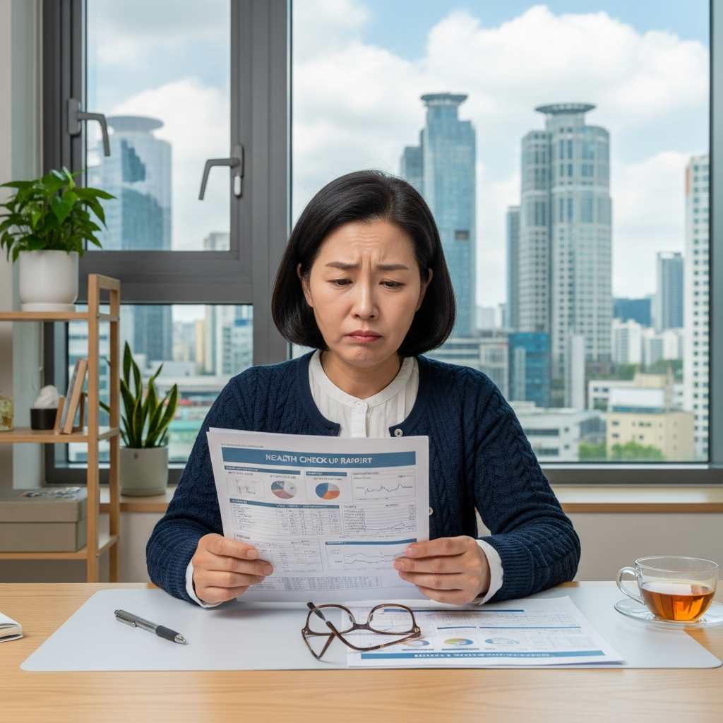 a Korean mom looking at 검진데이터 report with confused expression, Seoul context