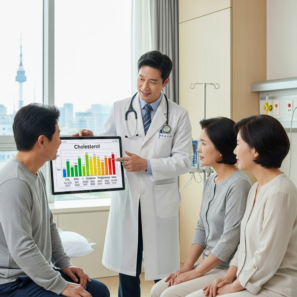 a doctor explaining cholesterol levels to a Korean couple, using a chart, in a hospital, Seoul context