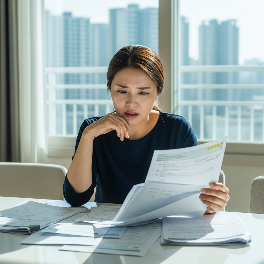 A concerned Korean mother looking at medical documents in a modern Seoul apartment, worried expression, natural light