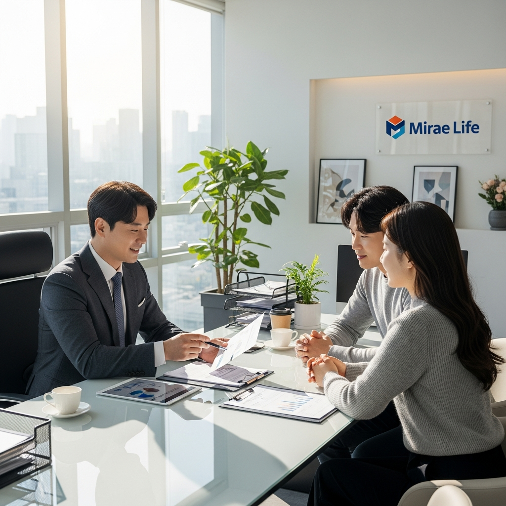 A Korean insurance agent explaining policy details to a young couple in a modern office in Seoul, friendly and professional atmosphere