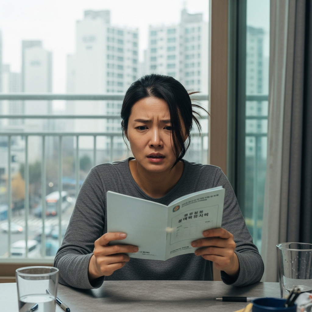 a Korean mother looking worried while holding her child's health record, Seoul apartment background