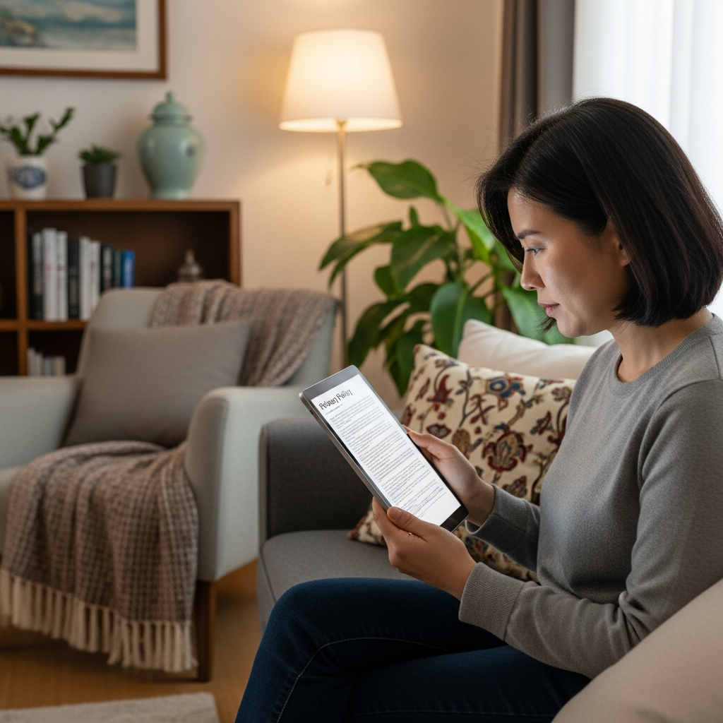 a Korean parent carefully reading a privacy policy on a tablet, living room background