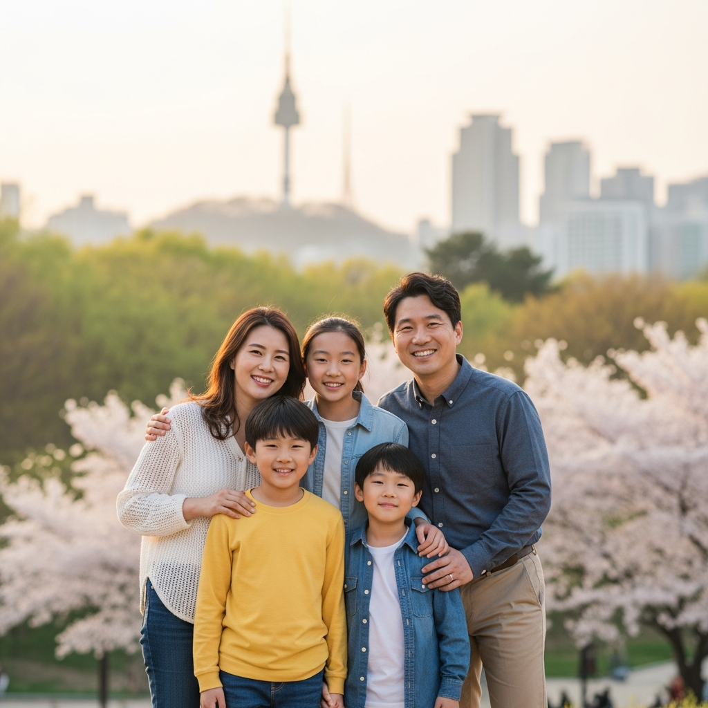 a happy Korean family smiling, Seoul park background