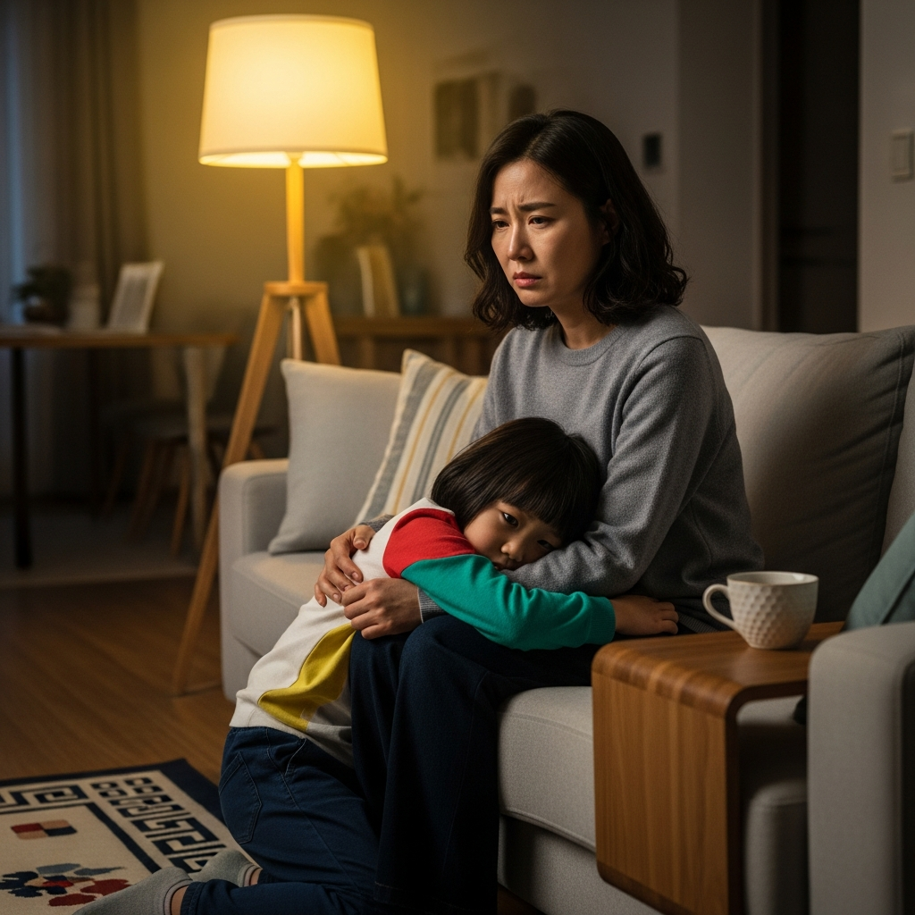 A mother sitting on a sofa, looking worried, with a child hugging her leg in a Korean style living room, warm lighting