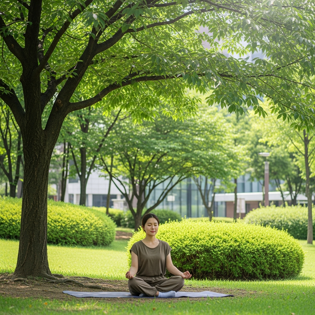 A Korean woman meditating in a park in Seoul, surrounded by greenery, peaceful atmosphere
