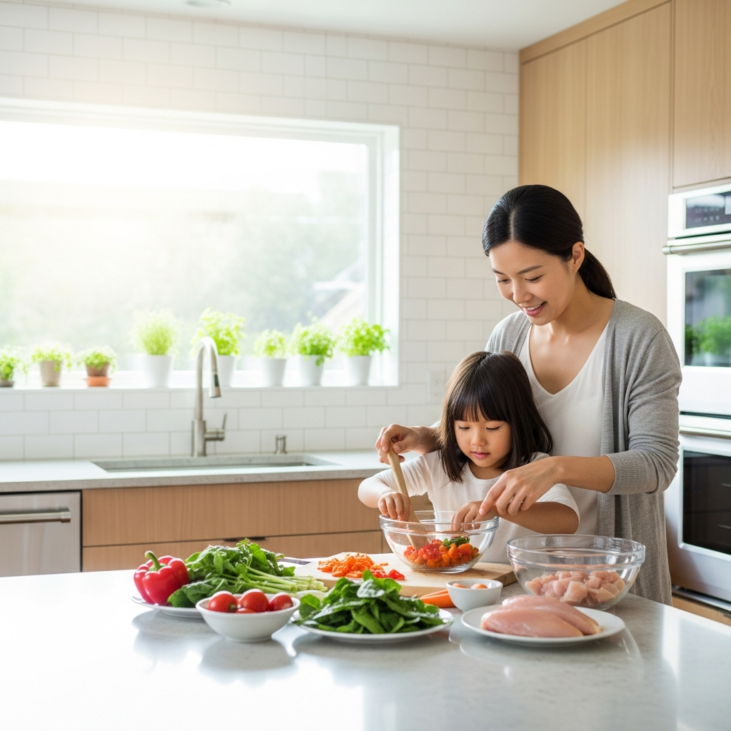 A Korean mother and child preparing a healthy meal together in a modern Korean kitchen, bright and clean
