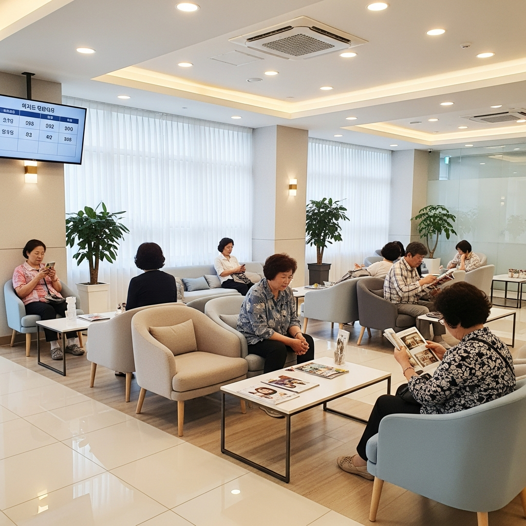 a clean and modern waiting area in a Korean health checkup center, with comfortable chairs and soft lighting, Korean patients waiting